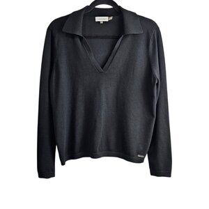 Calvin Klein Knit Long Sleeve V Neck Black Polo Collar Sweater